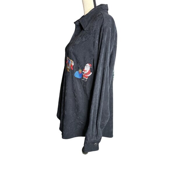 Bill Blass Christmas Shirt Button Up Santa Black Velveteen Fireplace Patches 1X - Picture 5 of 7